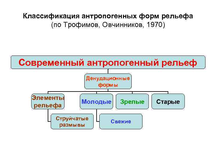 Классификация антропогенных форм рельефа (по Трофимов, Овчинников, 1970) Современный антропогенный рельеф Денудационные формы Элементы