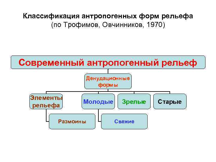 Классификация антропогенных форм рельефа (по Трофимов, Овчинников, 1970) Современный антропогенный рельеф Денудационные формы Элементы