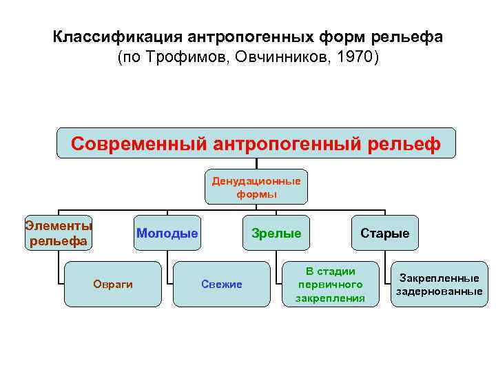 Классификация антропогенных форм рельефа (по Трофимов, Овчинников, 1970) Современный антропогенный рельеф Денудационные формы Элементы