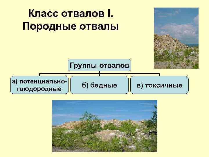 Класс отвалов I. Породные отвалы Группы отвалов а) потенциальноплодородные б) бедные в) токсичные 