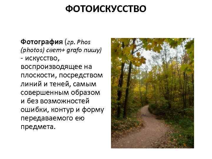 ФОТОИСКУССТВО Фотография (гр. Phos (photos) свет+ grafo пишу) - искусство, воспроизводящее на плоскости, посредством