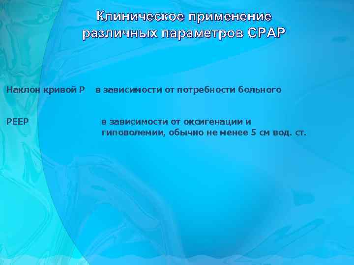 Клиническое применение различных параметров СPAP Наклон кривой Р РЕЕР в зависимости от потребности больного