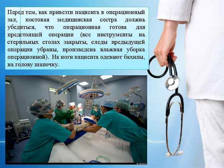 Перед тем, как привезти пациента в операционный зал, постовая медицинская сестра должна убедиться, что