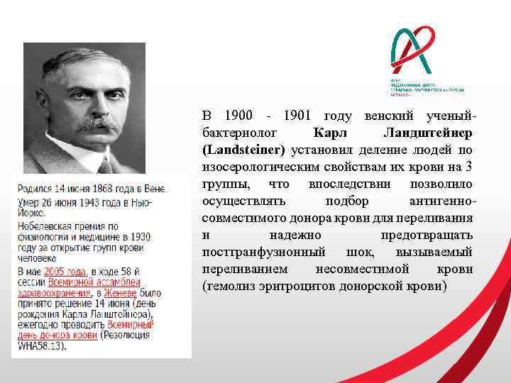 В 1900 - 1901 году венский ученыйбактериолог Карл Ландштейнер (Landsteiner) установил деление людей по