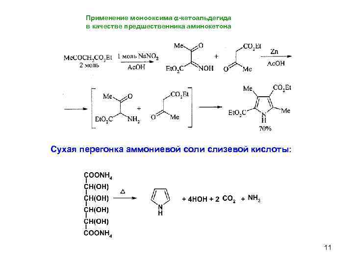 Применение монооксима a-кетоальдегида в качестве предшественника аминокетона Сухая перегонка аммониевой соли слизевой кислоты: 11