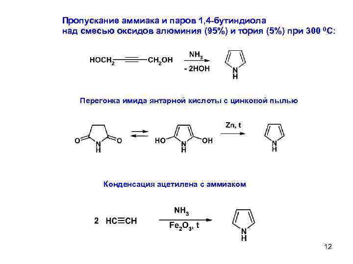 Пропускание аммиака и паров 1, 4 -бутиндиола над смесью оксидов алюминия (95%) и тория