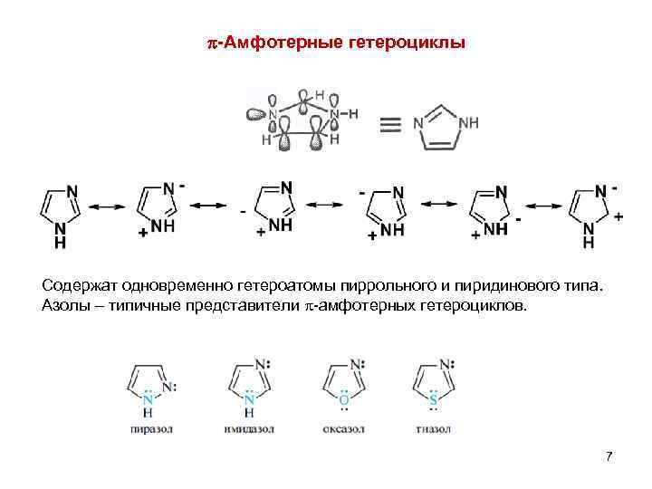  -Амфотерные гетероциклы Содержат одновременно гетероатомы пиррольного и пиридинового типа. Азолы – типичные представители