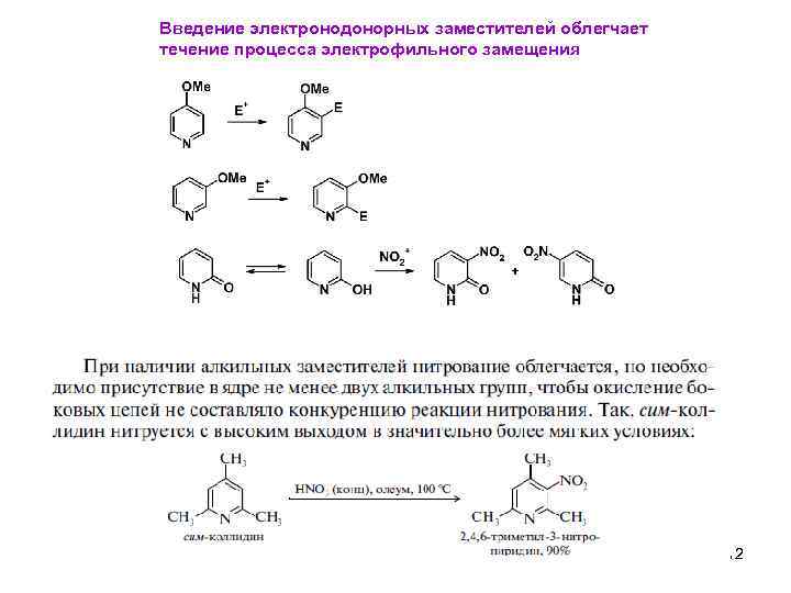 Введение электронодонорных заместителей облегчает течение процесса электрофильного замещения 12 