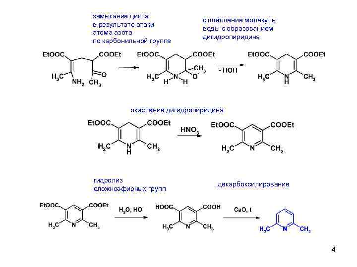 замыкание цикла в результате атаки атома азота по карбонильной группе отщепление молекулы воды с