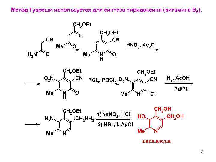 Метод Гуареши используется для синтеза пиридоксина (витамина В 6). 7 