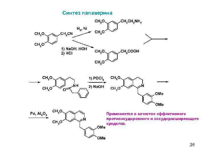 Синтез папаверина Применяется в качестве эффективного противосудорожного и сосудорасширяющего средства. 26 