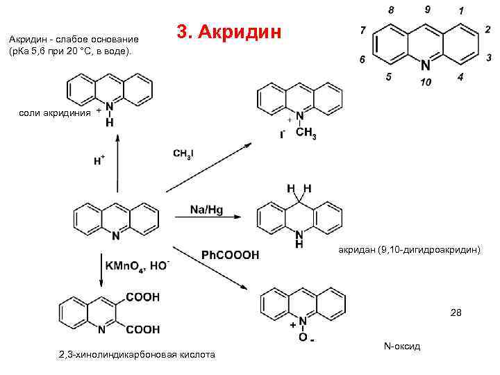Акридин - слабое основание (р. Ка 5, 6 при 20 °С, в воде). 3.