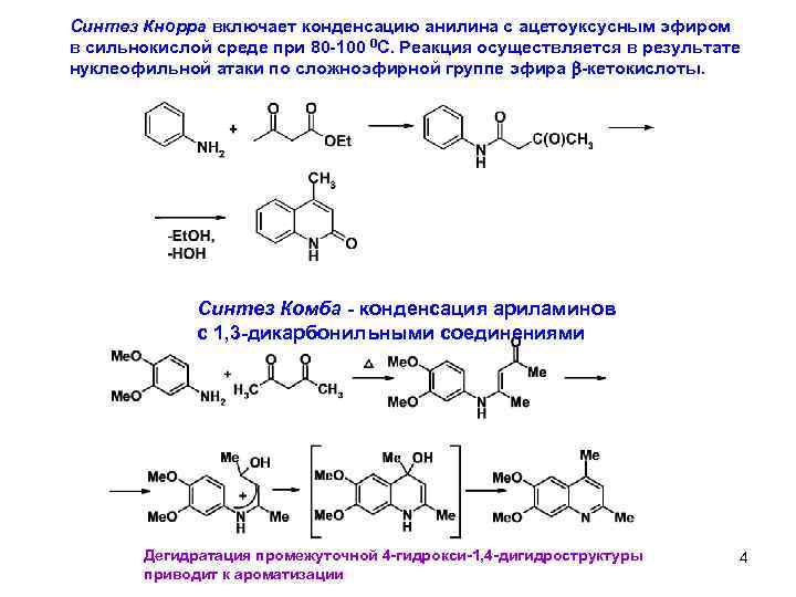 Синтез Кнорра включает конденсацию анилина с ацетоуксусным эфиром в сильнокислой среде при 80 -100