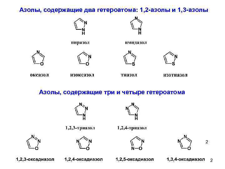 Азолы, содержащие два гетероатома: 1, 2 -азолы и 1, 3 -азолы Азолы, содержащие три