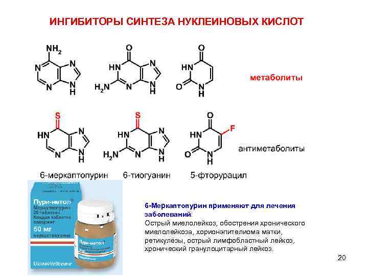 ИНГИБИТОРЫ СИНТЕЗА НУКЛЕИНОВЫХ КИСЛОТ 6 -Меркаптопурин применяют для лечения заболеваний: Острый миелолейкоз, обострения хронического