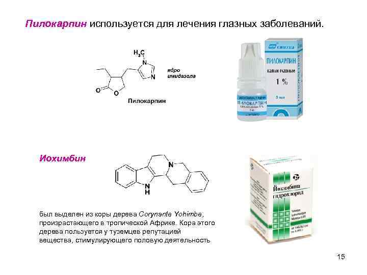 Пилокарпин используется для лечения глазных заболеваний. Иохимбин был выделен из коры дерева Corynante Yohimbe,
