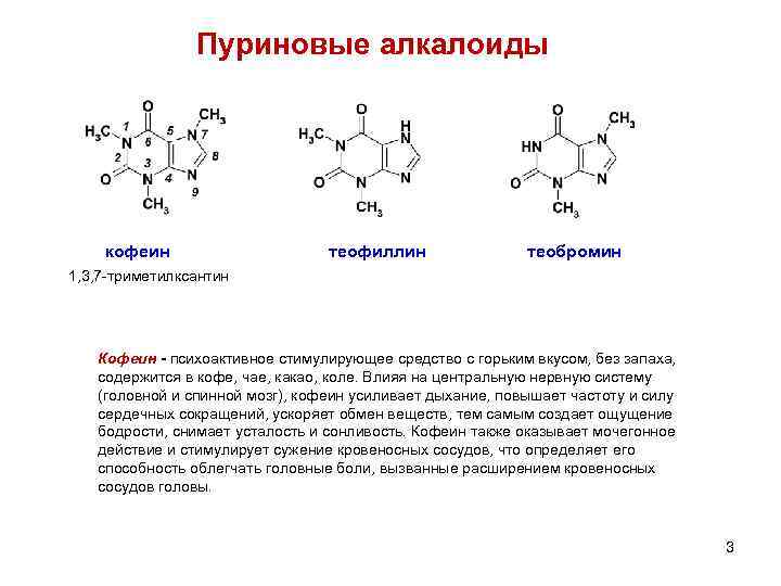 Пуриновые алкалоиды кофеин теофиллин теобромин 1, 3, 7 -триметилксантин Кофеин - психоактивное стимулирующее средство