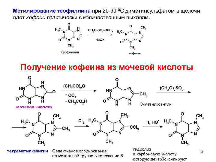 Метилирование теофиллина при 20 -30 0 С диметилсульфатом в щелочи дает кофеин практически с