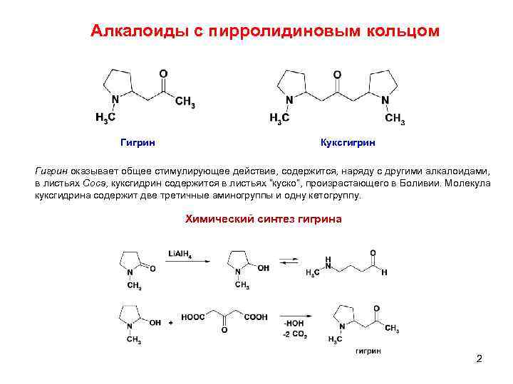 Алкалоиды с пирролидиновым кольцом Гигрин Куксгигрин Гигрин оказывает общее стимулирующее действие, содержится, наряду с