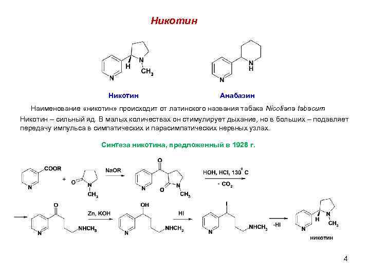 Никотин Анабазин Наименование «никотин» происходит от латинского названия табака Nicotiana tabacum Никотин – сильный