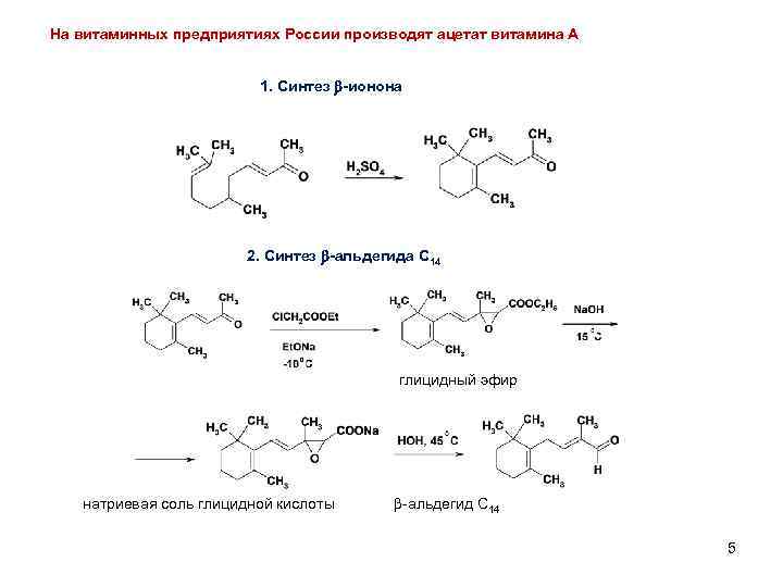 На витаминных предприятиях России производят ацетат витамина А 1. Синтез -ионона 2. Синтез -альдегида