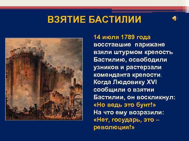 ВЗЯТИЕ БАСТИЛИИ 14 июля 1789 года восставшие парижане взяли штурмом крепость Бастилию, освободили узников