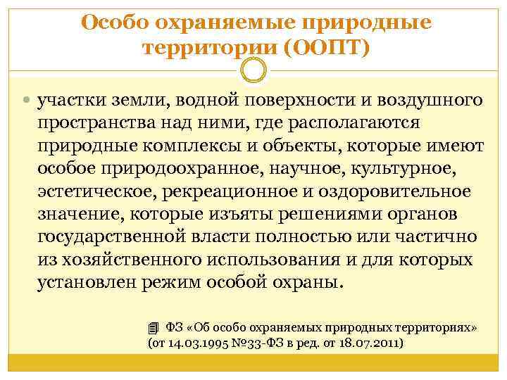 Особо охраняемые природные территории (ООПТ) участки земли, водной поверхности и воздушного пространства над ними,