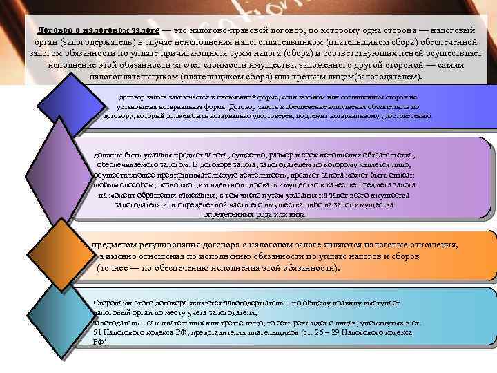 Договор о налоговом залоге — это налогово-правовой договор, по которому одна сторона — налоговый