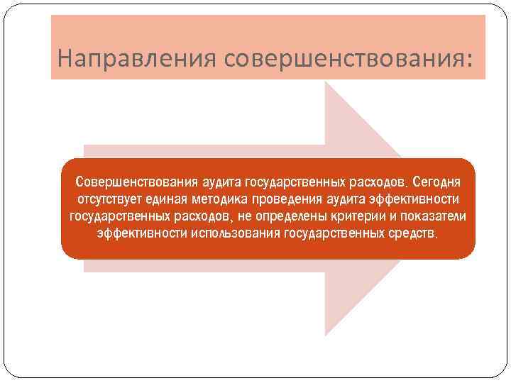 Направления совершенствования: Совершенствования аудита государственных расходов. Сегодня отсутствует единая методика проведения аудита эффективности государственных
