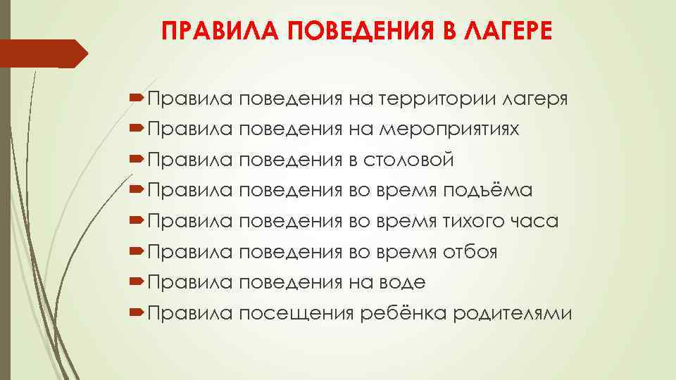 ПРАВИЛА ПОВЕДЕНИЯ В ЛАГЕРЕ Правила поведения на территории лагеря Правила поведения на мероприятиях Правила