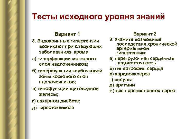 Тесты исходного уровня знаний Вариант 1 8. Эндокринные гипертензии возникают при следующих заболеваниях, кроме: