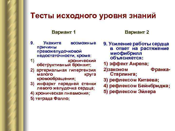 Тесты исходного уровня знаний Вариант 1 Вариант 2 Укажите возможные причины правожелудочковой недостаточности, кроме: