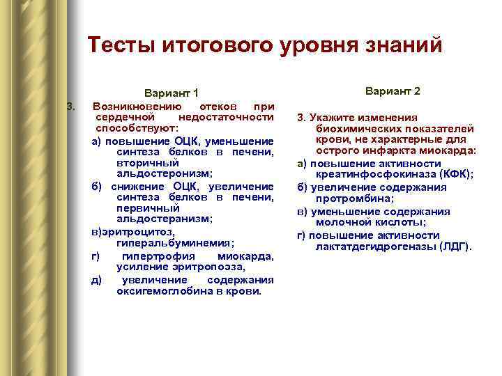 Тесты итогового уровня знаний 3. Вариант 1 Возникновению отеков при сердечной недостаточности способствуют: а)