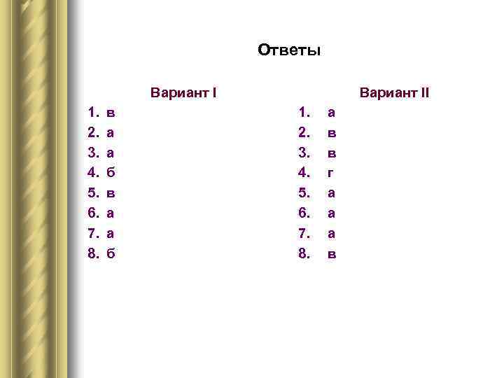 Ответы Вариант I 1. 2. 3. 4. 5. 6. 7. 8. в а а