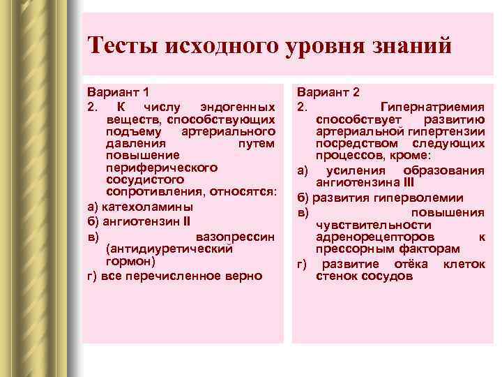 Тесты исходного уровня знаний Вариант 1 2. К числу эндогенных веществ, способствующих подъему артериального