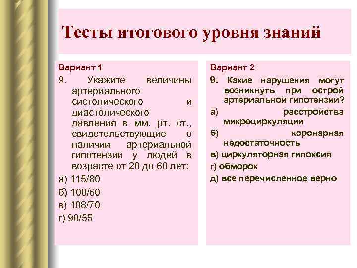 Тесты итогового уровня знаний Вариант 1 9. Укажите величины артериального систолического и диастолического давления