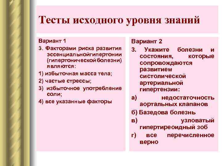 Тесты исходного уровня знаний Вариант 1 3. Факторами риска развития эссенциальной гипертонии (гипертонической болезни)