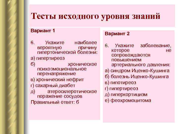 Тесты исходного уровня знаний Вариант 1 6. Укажите наиболее вероятную причину гипертонической болезни: а)