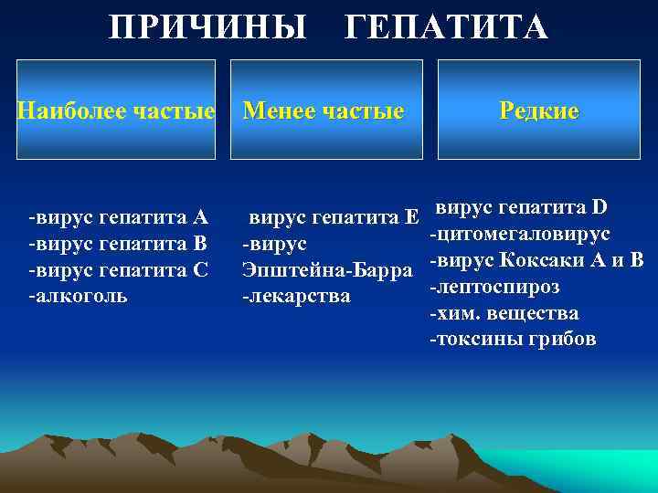 ПРИЧИНЫ ГЕПАТИТА Наиболее частые -вирус гепатита А -вирус гепатита В -вирус гепатита С -алкоголь