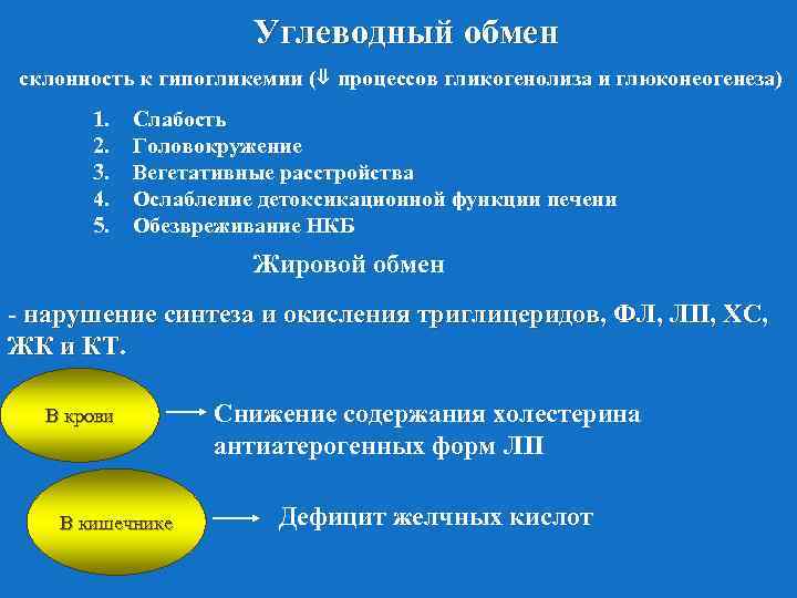 Углеводный обмен склонность к гипогликемии (⇓ процессов гликогенолиза и глюконеогенеза) 1. 2. 3. 4.