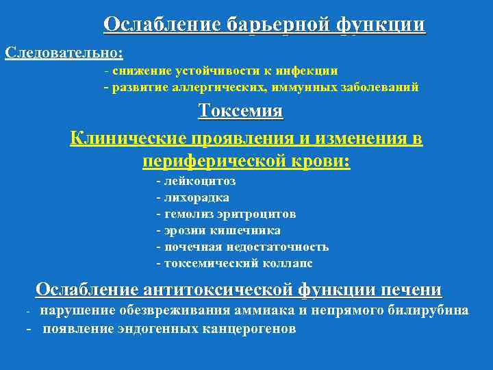Ослабление барьерной функции Следовательно: - снижение устойчивости к инфекции - развитие аллергических, иммунных заболеваний