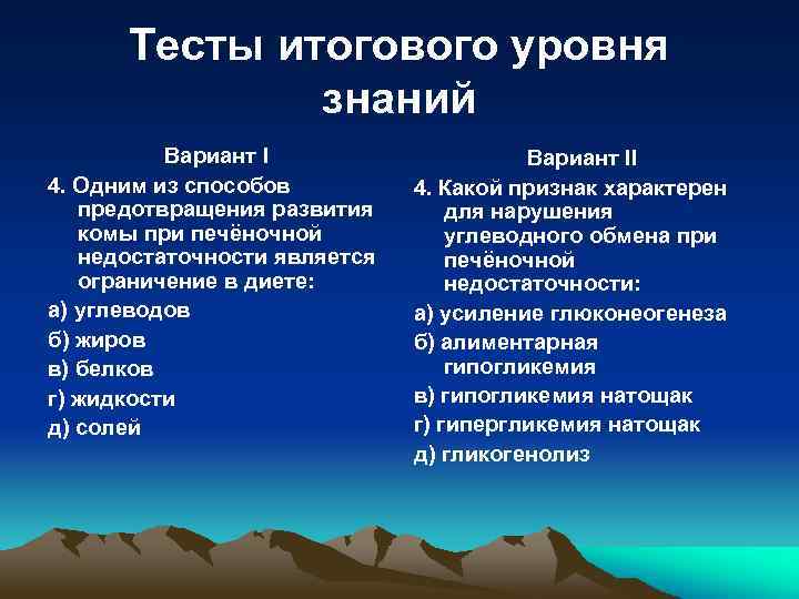 Тесты итогового уровня знаний Вариант I 4. Одним из способов предотвращения развития комы при