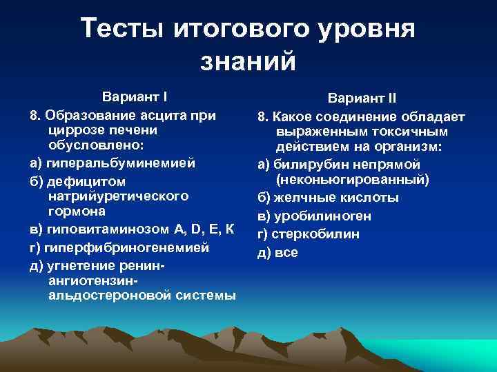 Тесты итогового уровня знаний Вариант I 8. Образование асцита при циррозе печени обусловлено: а)