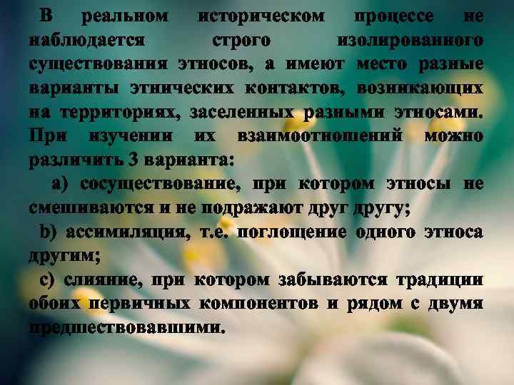 В реальном историческом процессе не наблюдается строго изолированного существования этносов, а имеют место разные