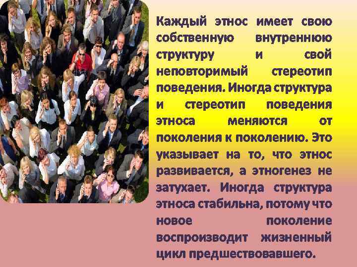  • Каждый этнос имеет свою собственную внутреннюю структуру и свой неповторимый стереотип поведения.