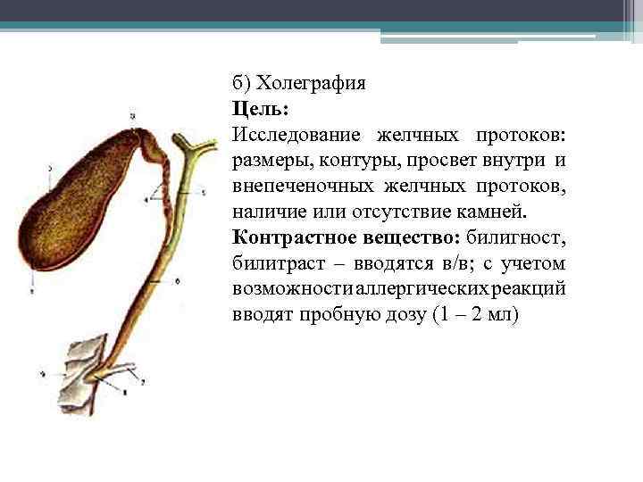 б) Холеграфия Цель: Исследование желчных протоков: размеры, контуры, просвет внутри и внепеченочных желчных протоков,