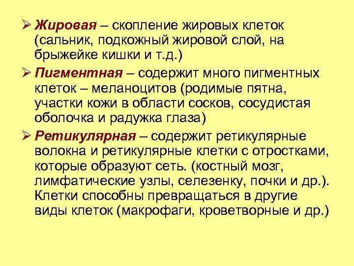 Ø Жировая – скопление жировых клеток (сальник, подкожный жировой слой, на брыжейке кишки и