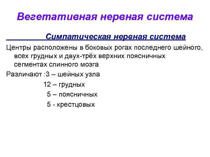 Вегетативная нервная система Симпатическая нервная система Центры расположены в боковых рогах последнего шейного, всех