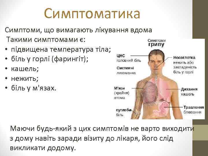 Симптоматика Симптоми, що вимагають лікування вдома Такими симптомами є: • підвищена температура тіла; •