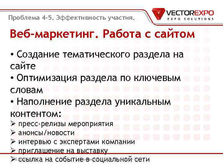 Проблема 4 -5. Эффективность участия. Веб-маркетинг. Работа с сайтом • Создание тематического раздела на